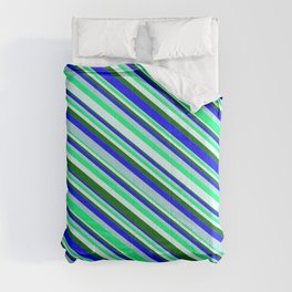 [ Thumbnail: Eyecatching Light Blue, Green, Light Cyan, Dark Green & Blue Colored Pattern of Stripes Comforter ]