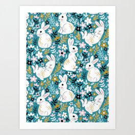 White Chalk Bunny Floral on Teal Art Print