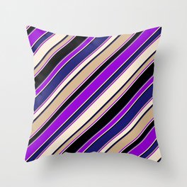 [ Thumbnail: Eye-catching Tan, Dark Violet, Beige, Black, and Midnight Blue Colored Lined/Striped Pattern Throw Pillow ]
