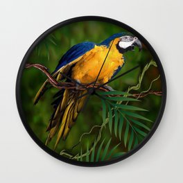 BLUE-GOLD MACAW PARROT IN JUNGLE Wall Clock