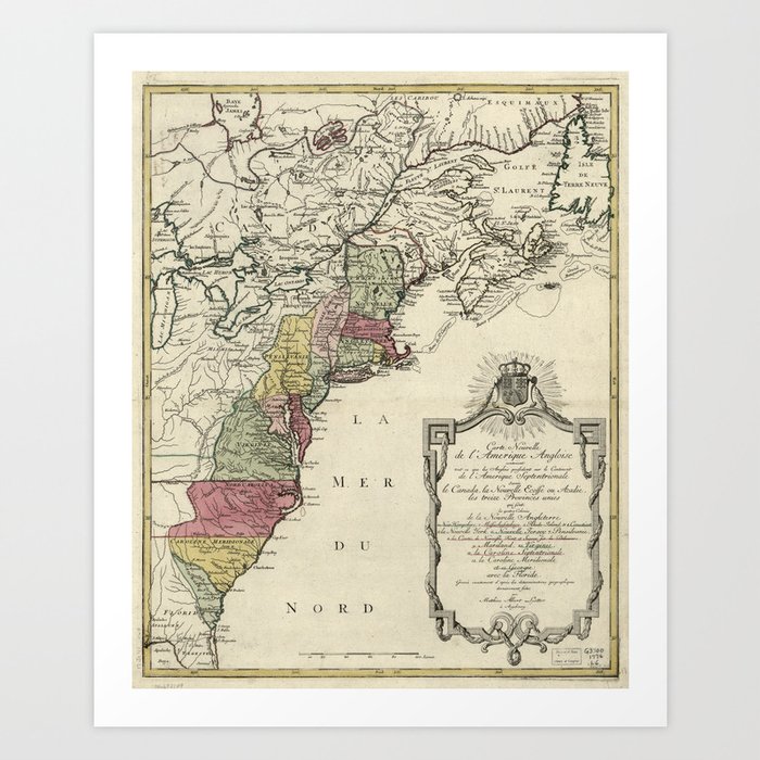 Colonial America Map by Matthaus Lotter (1776) Art Print