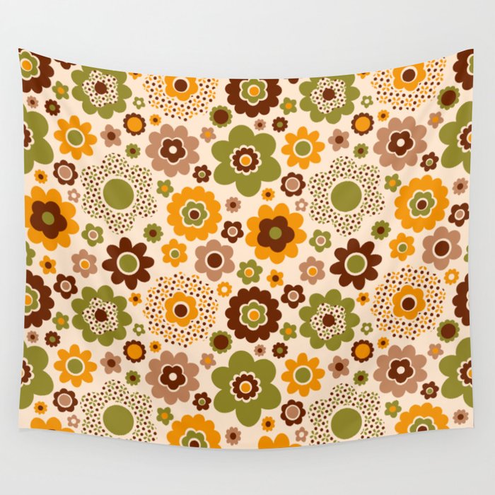 Retro 70s funky flowers brown, orange, green Wall Tapestry