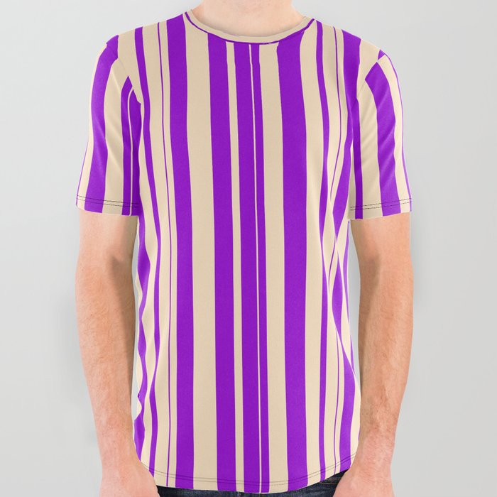 Bisque and Dark Violet Colored Lined/Striped Pattern All Over Graphic Tee