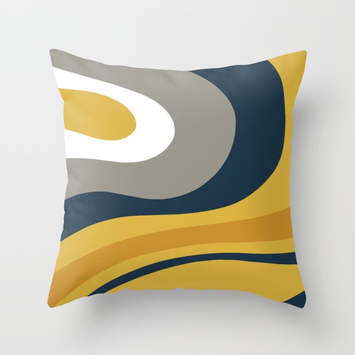 Organic Topography Abstract in Mustard, Navy Blue, Gray, and White  Throw Pillow