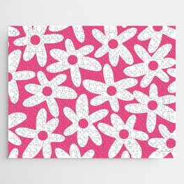 Daisy Time Retro Floral Pattern Preppy Pink and White Jigsaw Puzzle