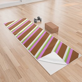 [ Thumbnail: Vibrant Green, White, Brown, Violet, and Black Colored Lines/Stripes Pattern Yoga Towel ]