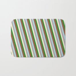 [ Thumbnail: Eyecatching Dark Grey, Beige, Forest Green, Sienna, and Light Blue Colored Stripes/Lines Pattern Bath Mat ]
