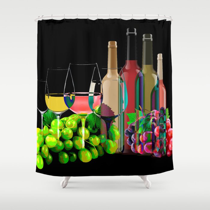 Graphic Art Composition Of Grapes, Wine Glasses, and Bottles Shower Curtain