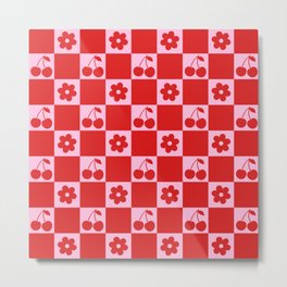 Cherry Flowers Pink & Red Checker Metal Print | Checkerboard, Flower, Checker, Flowers, Pink, Cherries, Red, 70S, Digital, 60S 