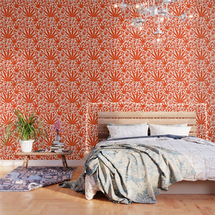Mid-Century Modern Cannabis And Flowers Red Wallpaper