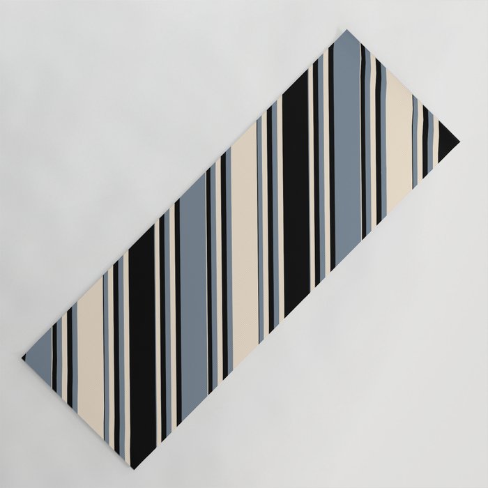 Beige, Black & Light Slate Gray Colored Stripes/Lines Pattern Yoga Mat