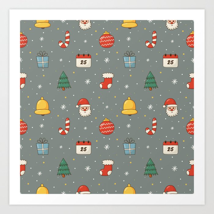 Christmas Characters Seamless Pattern on Gray Background Art Print