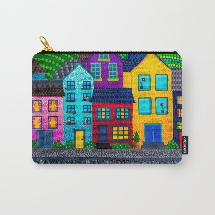 Dot Painting Colorful Village Houses, Hills, and Garden Carry-All Pouch