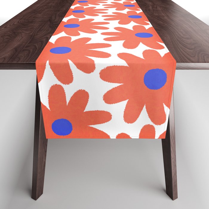Crayon Flowers Cheerful Smudgy Floral Pattern in Coral and Bright Blue on White Table Runner