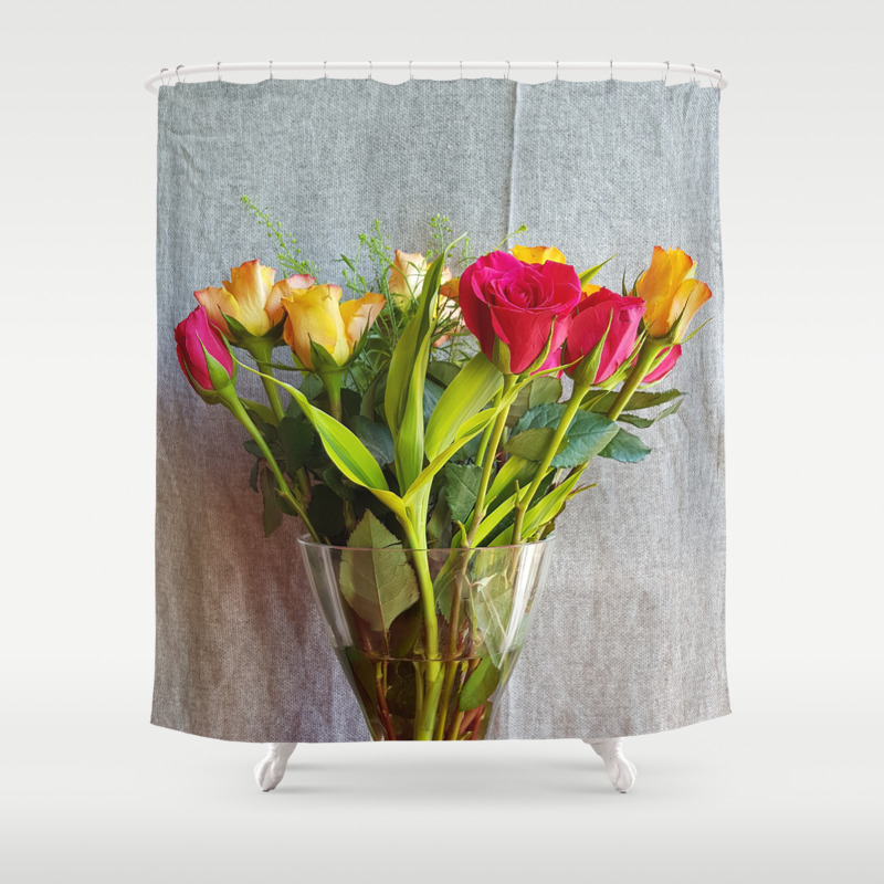 Flowers In A Vase With Red And Yellow Roses Shower Curtain By