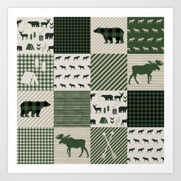 Camping hunter green plaid quilt cheater quilt baby nursery cute pattern bear moose cabin life Art Print