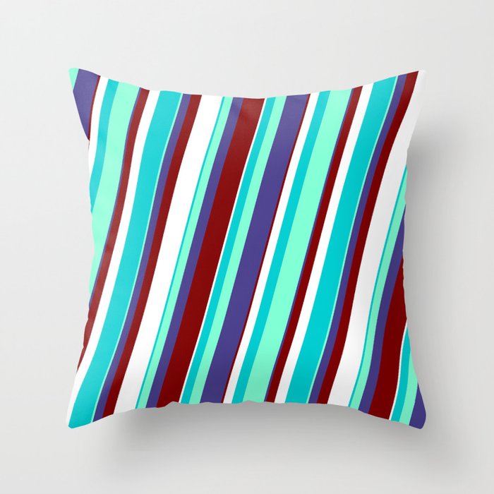 Dark Turquoise, Aquamarine, Dark Slate Blue, Maroon, and White Colored Pattern of Stripes Throw Pillow