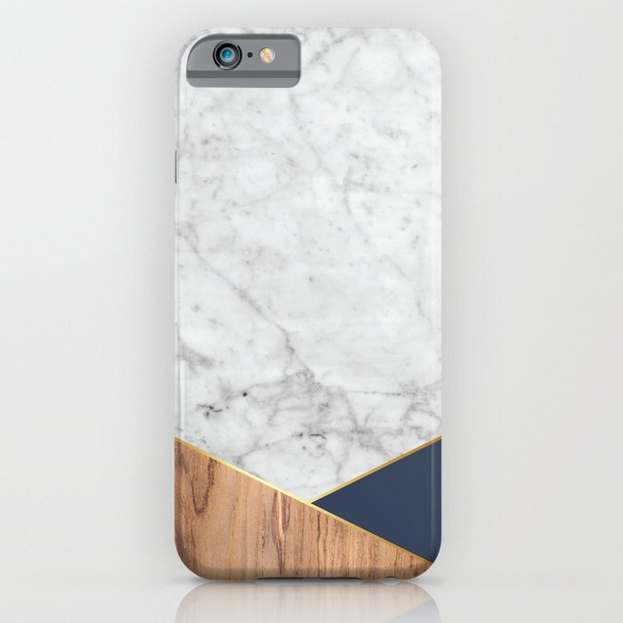 Geometric White Marble - Wood & Navy #599 iPhone Case