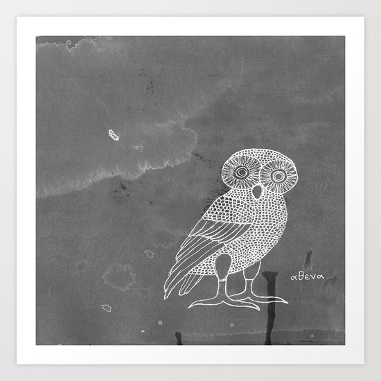 ATHENA'S OWL IN GREY BACKGROUND Art Print