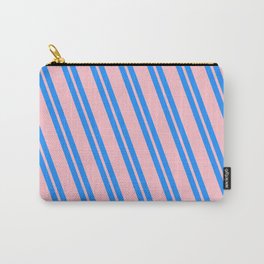 [ Thumbnail: Blue and Pink Colored Striped Pattern Carry-All Pouch ]