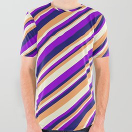 [ Thumbnail: Dark Violet, Midnight Blue, Brown, and Beige Colored Striped Pattern All Over Graphic Tee ]