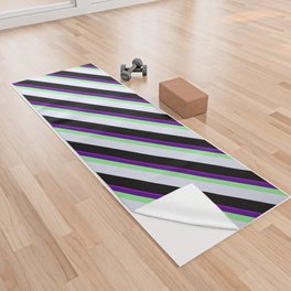 [ Thumbnail: Eyecatching Dark Violet, Indigo, Light Green, Lavender & Black Colored Stripes Pattern Yoga Towel ]