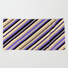 [ Thumbnail: Tan, Slate Blue, Black, and Beige Colored Stripes/Lines Pattern Beach Towel ]