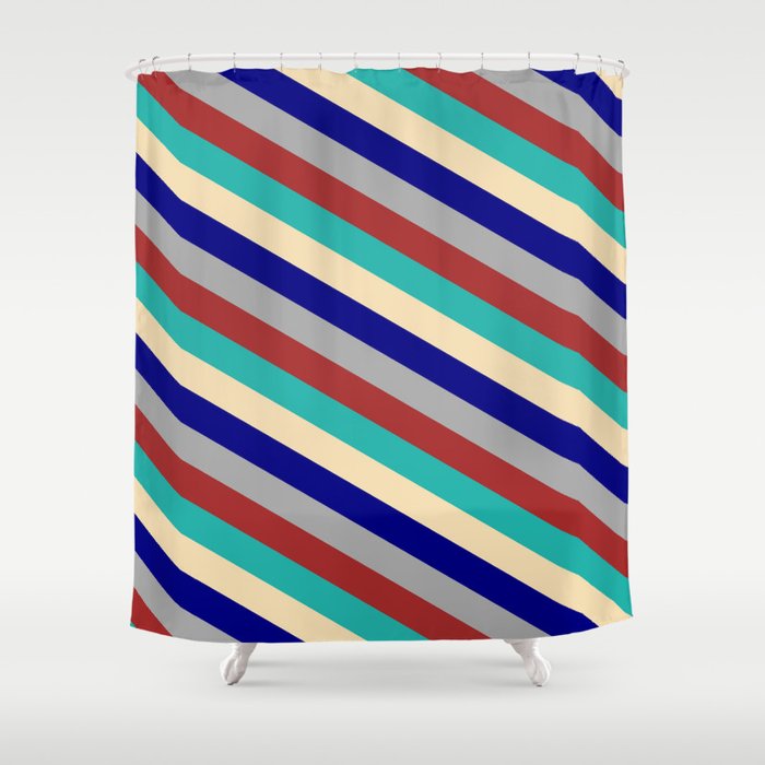 Vibrant Light Sea Green, Tan, Blue, Dark Gray, and Brown Colored Lines/Stripes Pattern Shower Curtain