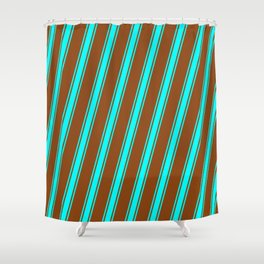 [ Thumbnail: Brown and Cyan Colored Stripes Pattern Shower Curtain ]