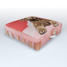 Goldendoodle Laying on Pink Podium with Lovely Heart Background Outdoor Floor Cushion