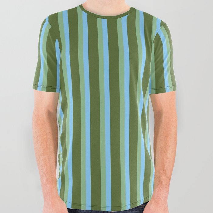 Light Sky Blue, Dark Sea Green, and Dark Olive Green Colored Striped Pattern All Over Graphic Tee