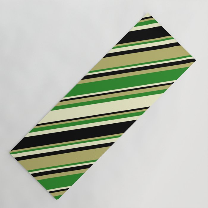 Dark Khaki, Forest Green, Light Yellow, and Black Colored Pattern of Stripes Yoga Mat