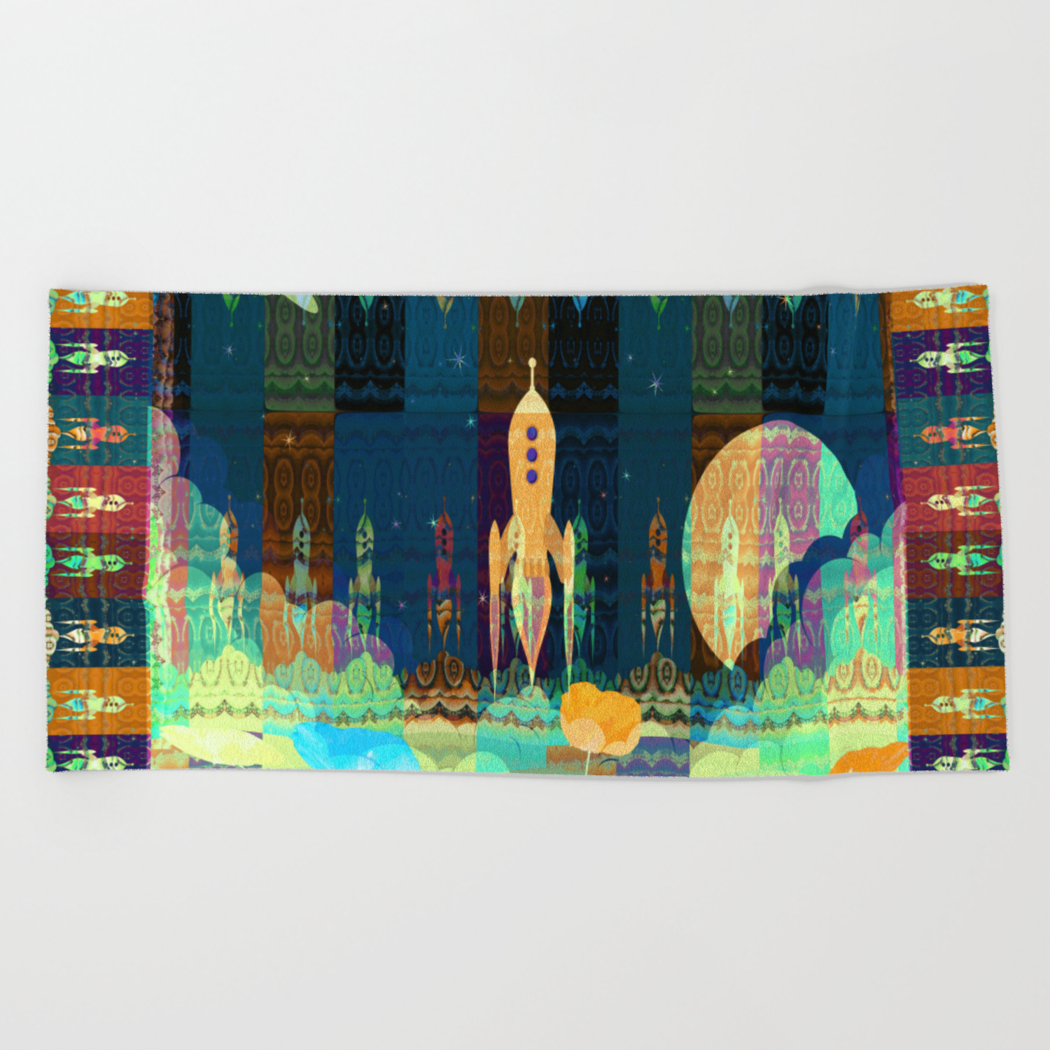 Space Rocket Frame Retro Rocket Collage Beach Towel By Carlieamberpartridge Society6