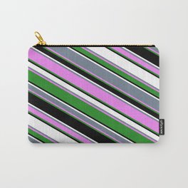 [ Thumbnail: Vibrant Slate Gray, Violet, Forest Green, Black, and White Colored Stripes Pattern Carry-All Pouch ]