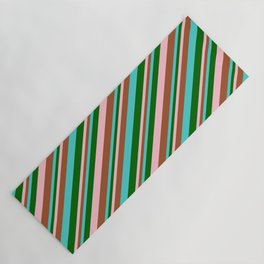 [ Thumbnail: Turquoise, Dark Green, Pink, and Sienna Colored Lines Pattern Yoga Mat ]