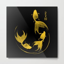 Follow the Leader - Goldfish Sumi-e Gold Version Metal Print | Painting, Elegant, Sumi E, Chinesewatercolor, Goldfish, Sumie, Animal, Watercolor, Asian, Gold 