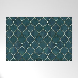 Emerald Golden Moroccan Quatrefoil Pattern Welcome Mat