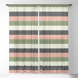 [ Thumbnail: Dark Salmon, Dark Olive Green, Beige & Black Colored Striped Pattern Sheer Curtain ]