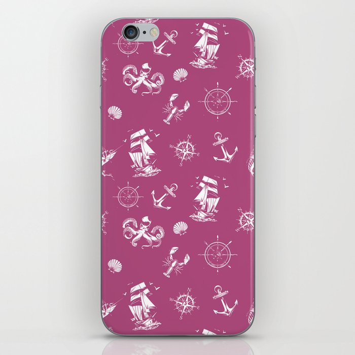 Magenta And White Silhouettes Of Vintage Nautical Pattern iPhone Skin