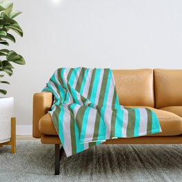 [ Thumbnail: Lavender, Dark Olive Green, and Cyan Colored Lines Pattern Throw Blanket ]