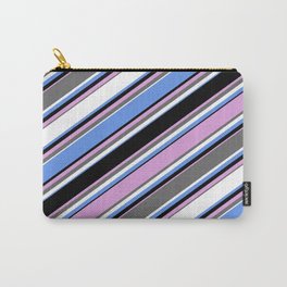 [ Thumbnail: Eye-catching Cornflower Blue, Black, Plum, Dim Grey, and White Colored Lined Pattern Carry-All Pouch ]
