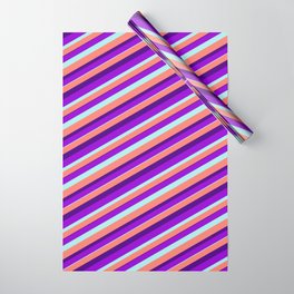 [ Thumbnail: Dark Violet, Turquoise, Salmon, and Indigo Colored Lined Pattern Wrapping Paper ]