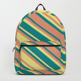 [ Thumbnail: Dark Salmon, Tan & Dark Cyan Colored Lined/Striped Pattern Backpack ]