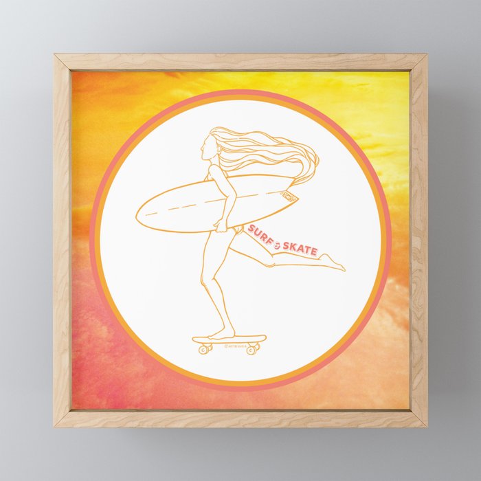 Surf Skate Cruise | California Skater Surfer Girl Design | Beach Inspired Artwork | Peach Orange Sun Aesthetic Framed Mini Art Print