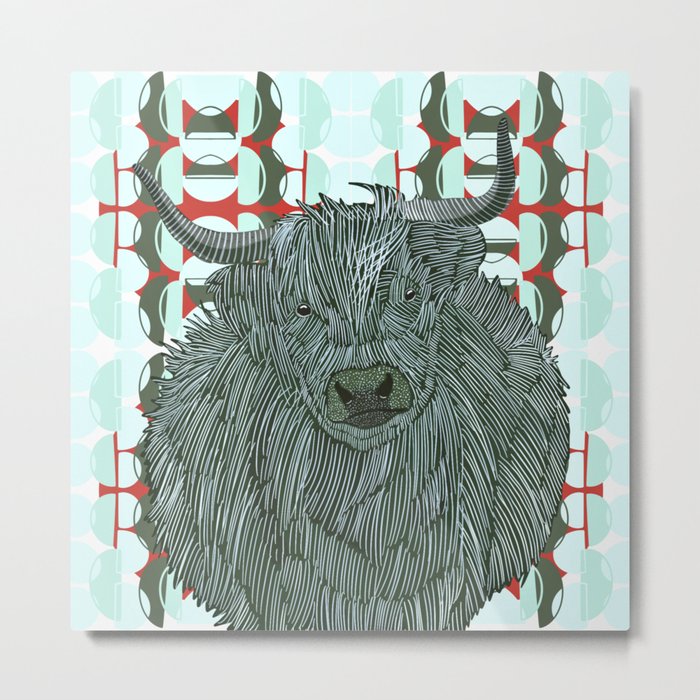 Highlands cow with a blue and red patterned background Metal Print