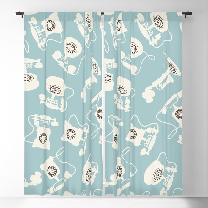 Vintage Rotary Dial Telephone Pattern on Pastel Sage Turquoise Green Blackout Curtain