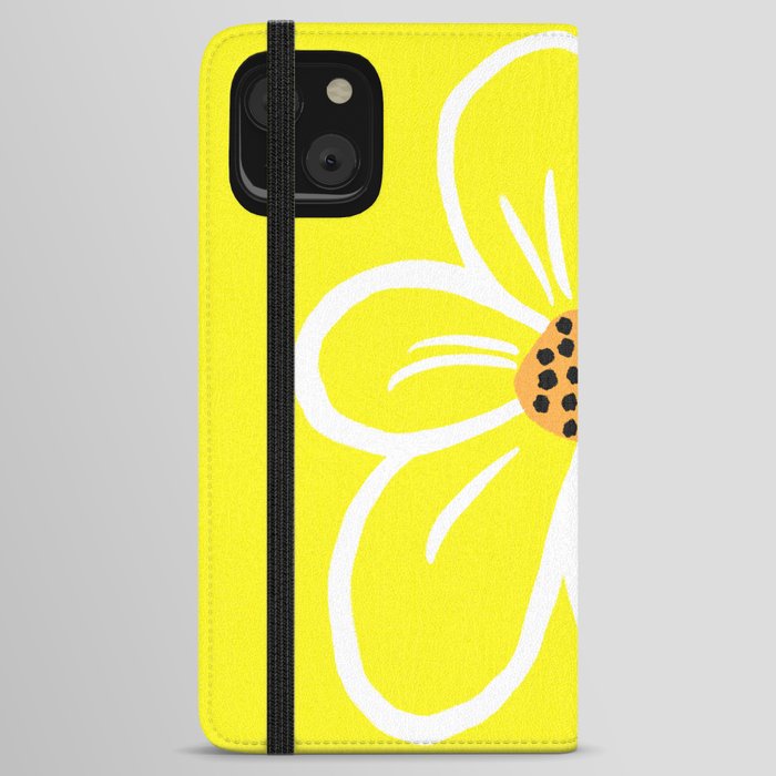 Big Bright Daisy Flower On Lemon Yellow Retro Mid-Century Modern Floral Illustrated Design iPhone Wallet Case