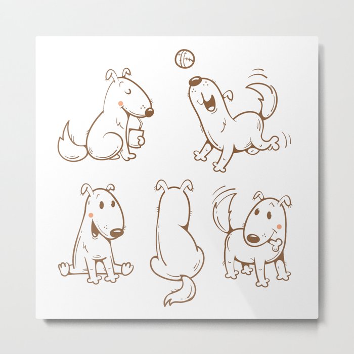 Cartoon funny dogs set. Vector image. Cute  puppy in different poses. Contour image. Metal Print