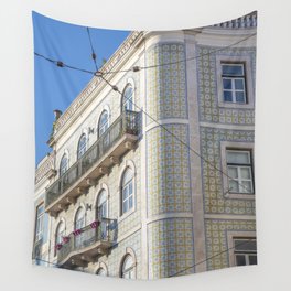 Round corner building in Lisbon, Portugal - green and yellow azulejos - summer street and travel photography Wall Tapestry
