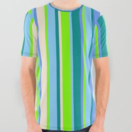 [ Thumbnail: Eye-catching Chartreuse, Light Sky Blue, Dark Cyan, Cornflower Blue, and Beige Colored Lines Pattern All Over Graphic Tee ]